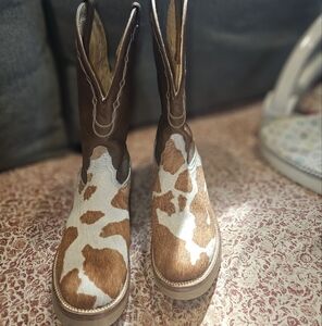 Tony Lama Brown and White Heeled Boots with Cow Print